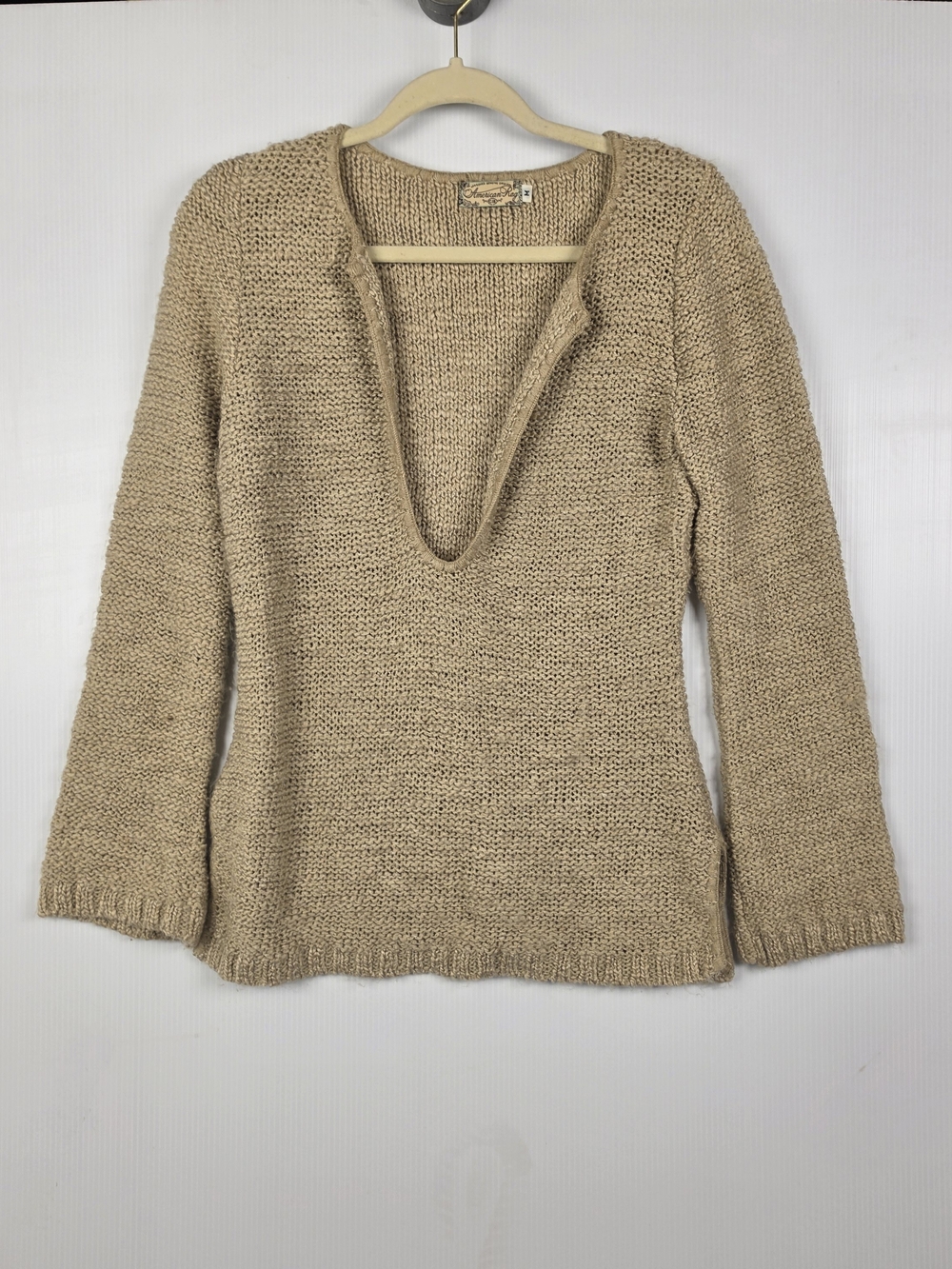 American Rag Beige Deep V-Neck Knit Sweater